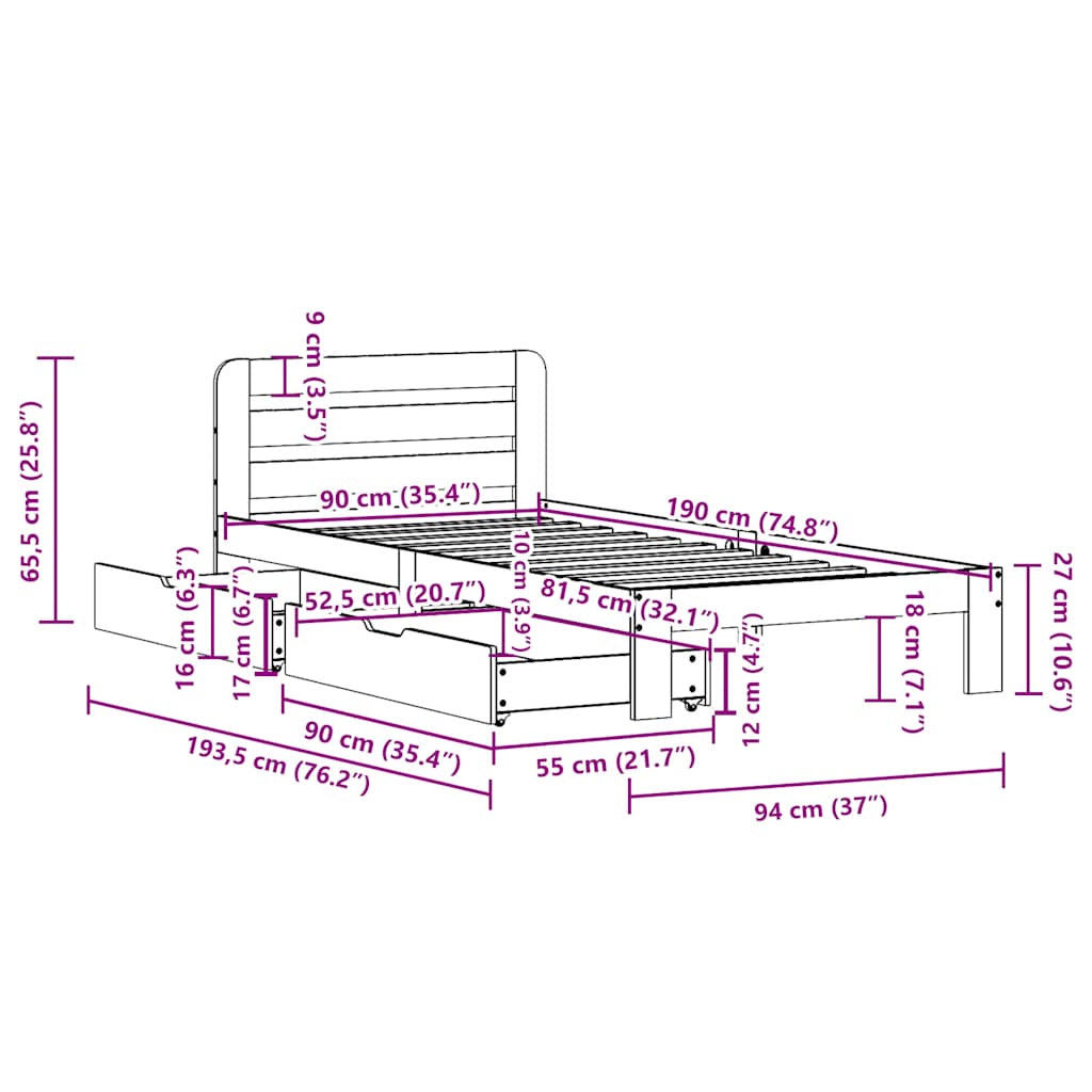 Sengeramme uten madrass 90x190 cm heltre furu