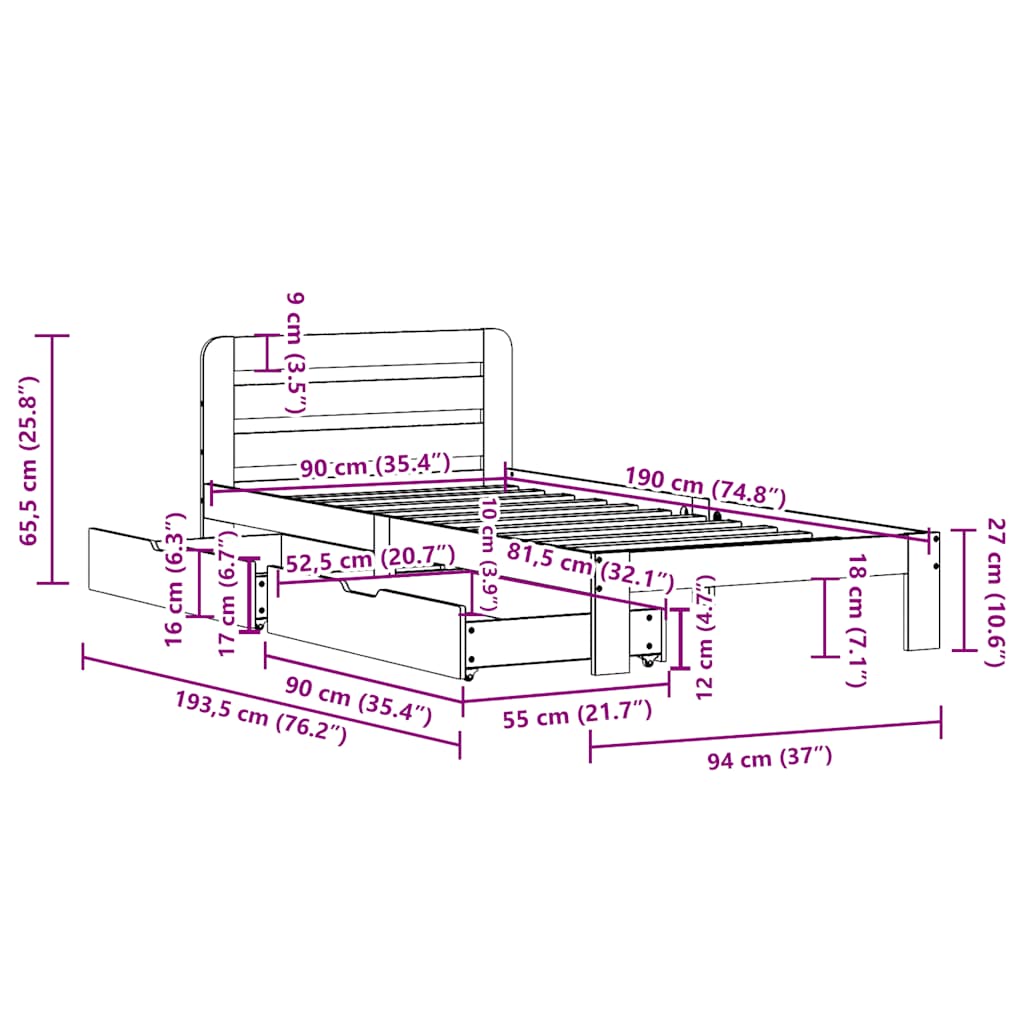 Sengeramme uten madrass voksbrun 90x190 cm heltre furu