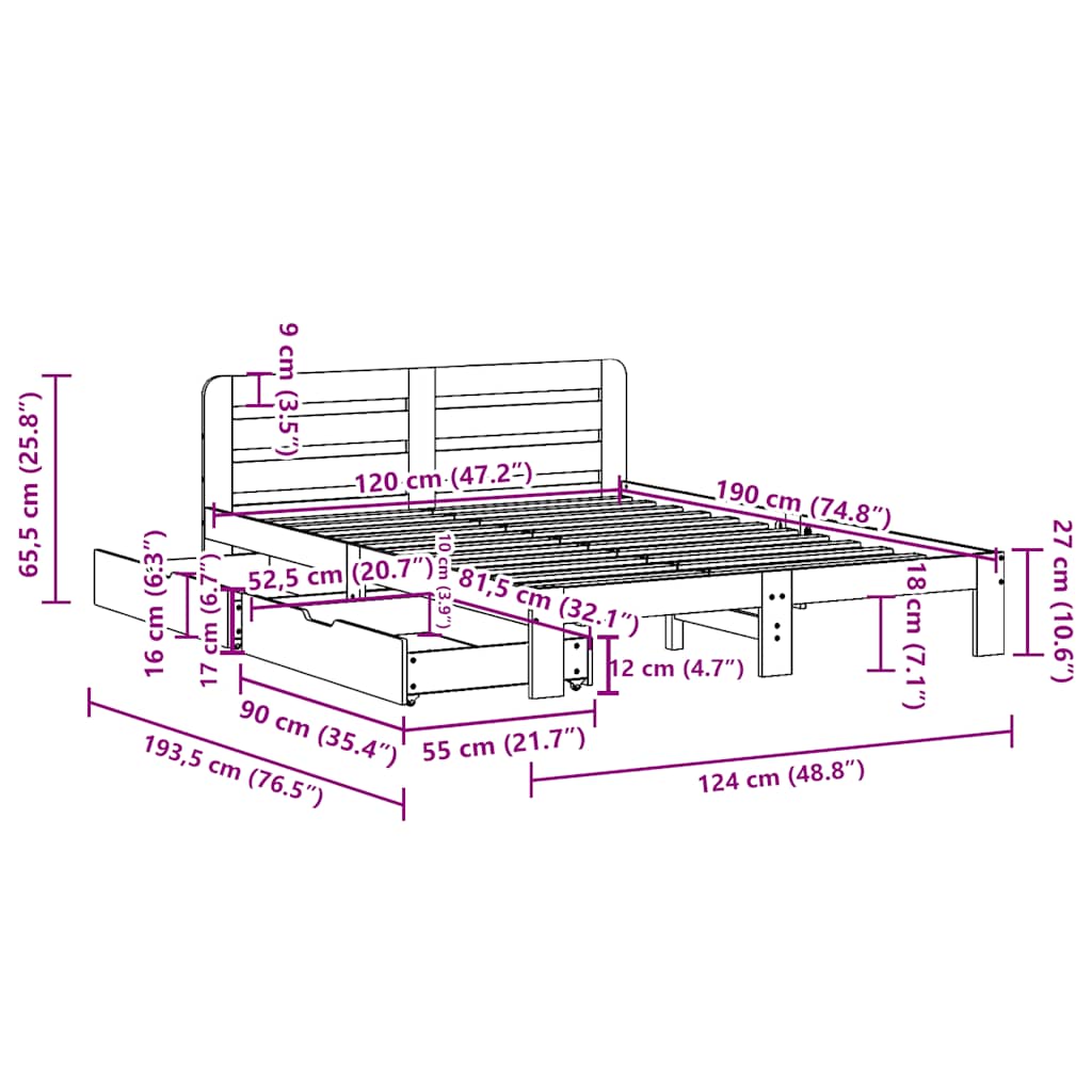 Sengeramme uten madrass hvit 120x190 cm heltre furu