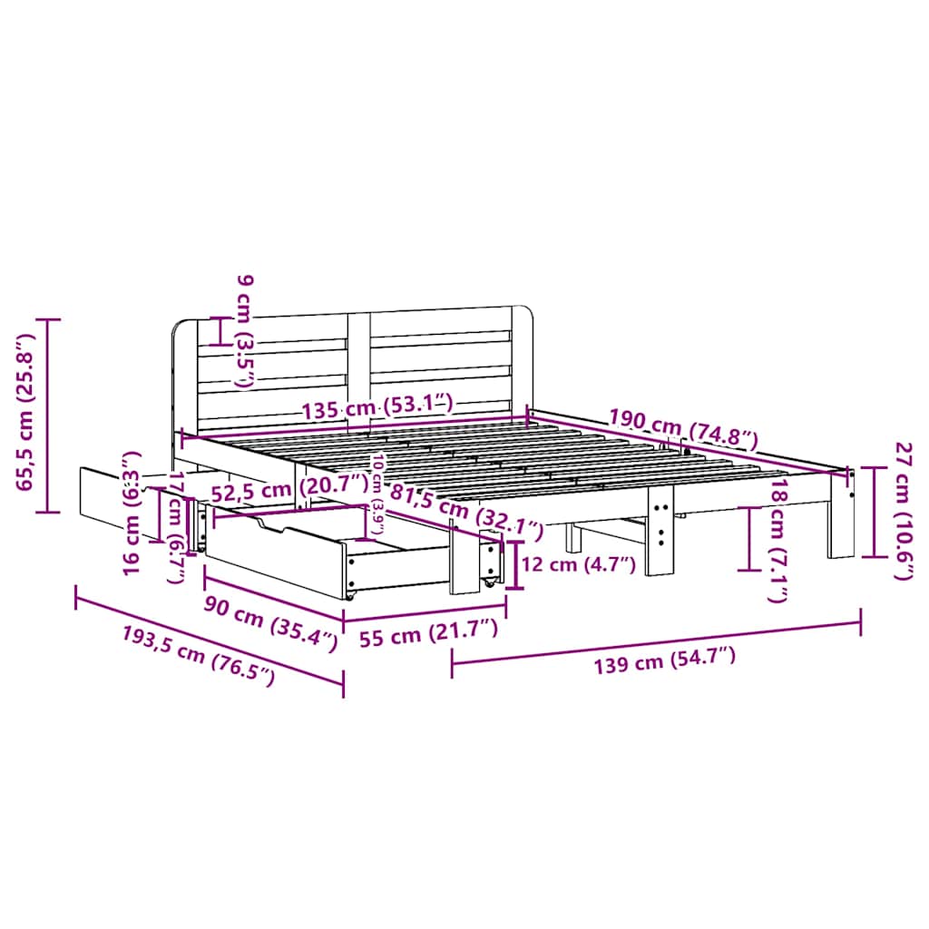Sengeramme uten madrass hvit 135x190 cm heltre furu