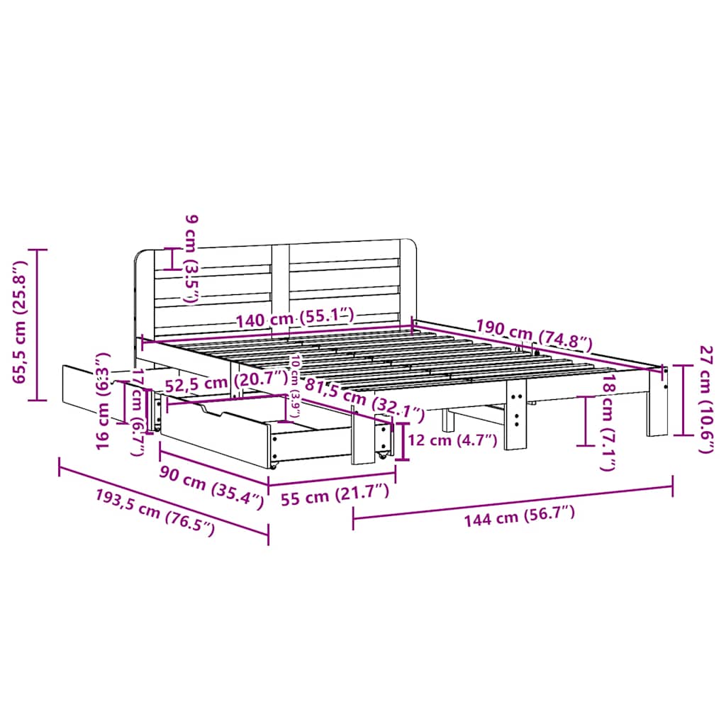Sengeramme uten madrass hvit 140x190 cm heltre furu