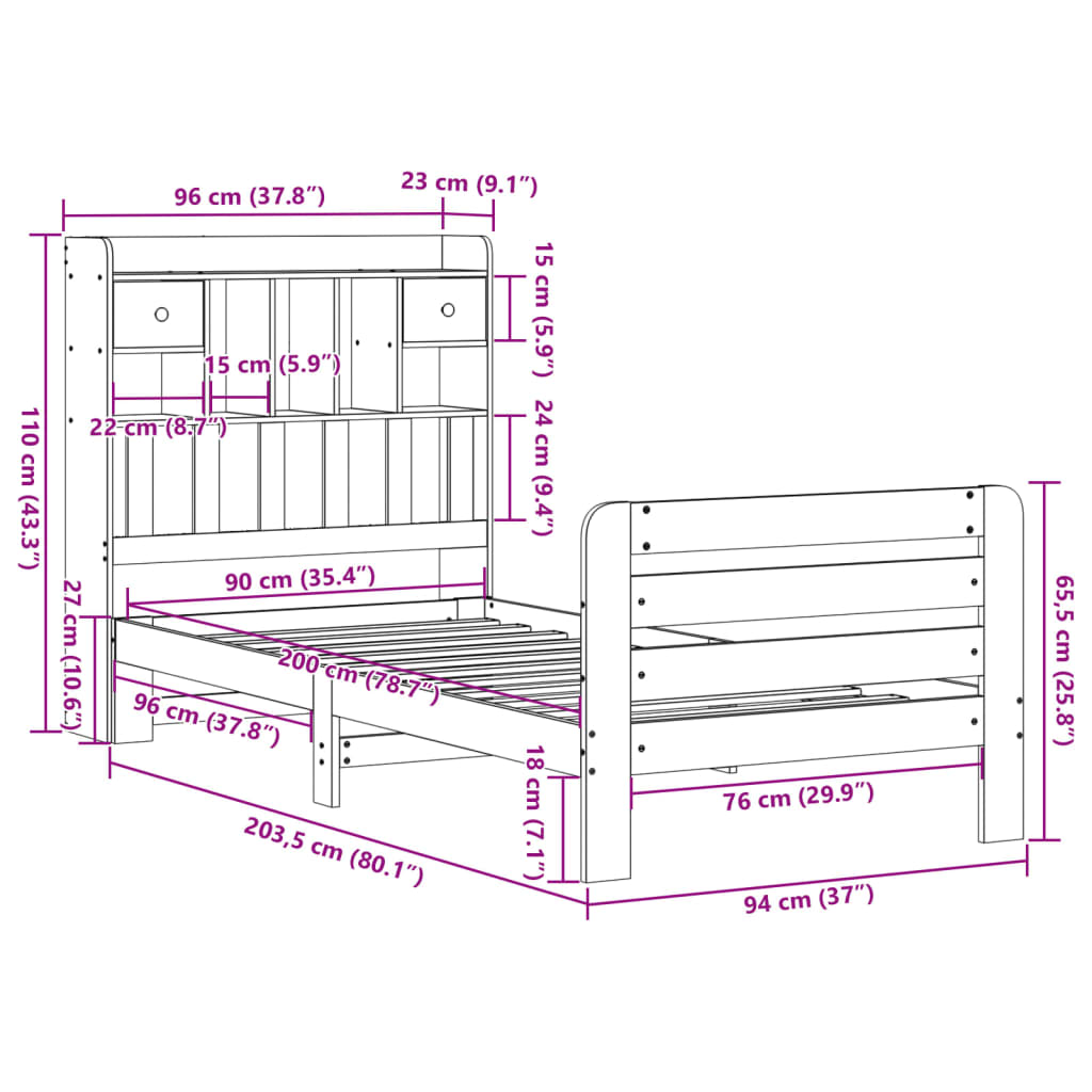 Seng med bokhylle uten madrass 90x200 cm heltre furu