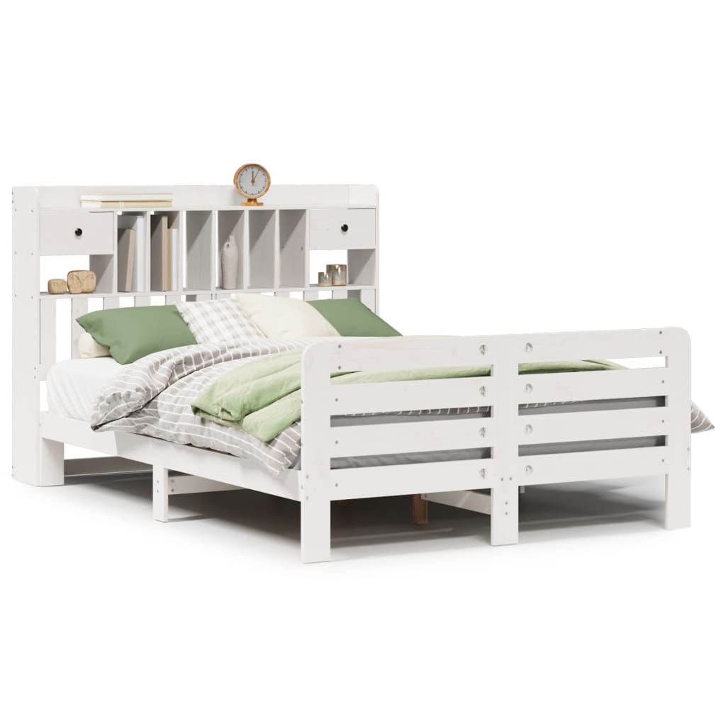 Seng med bokhylle uten madrass hvit 140x200 cm heltre furu