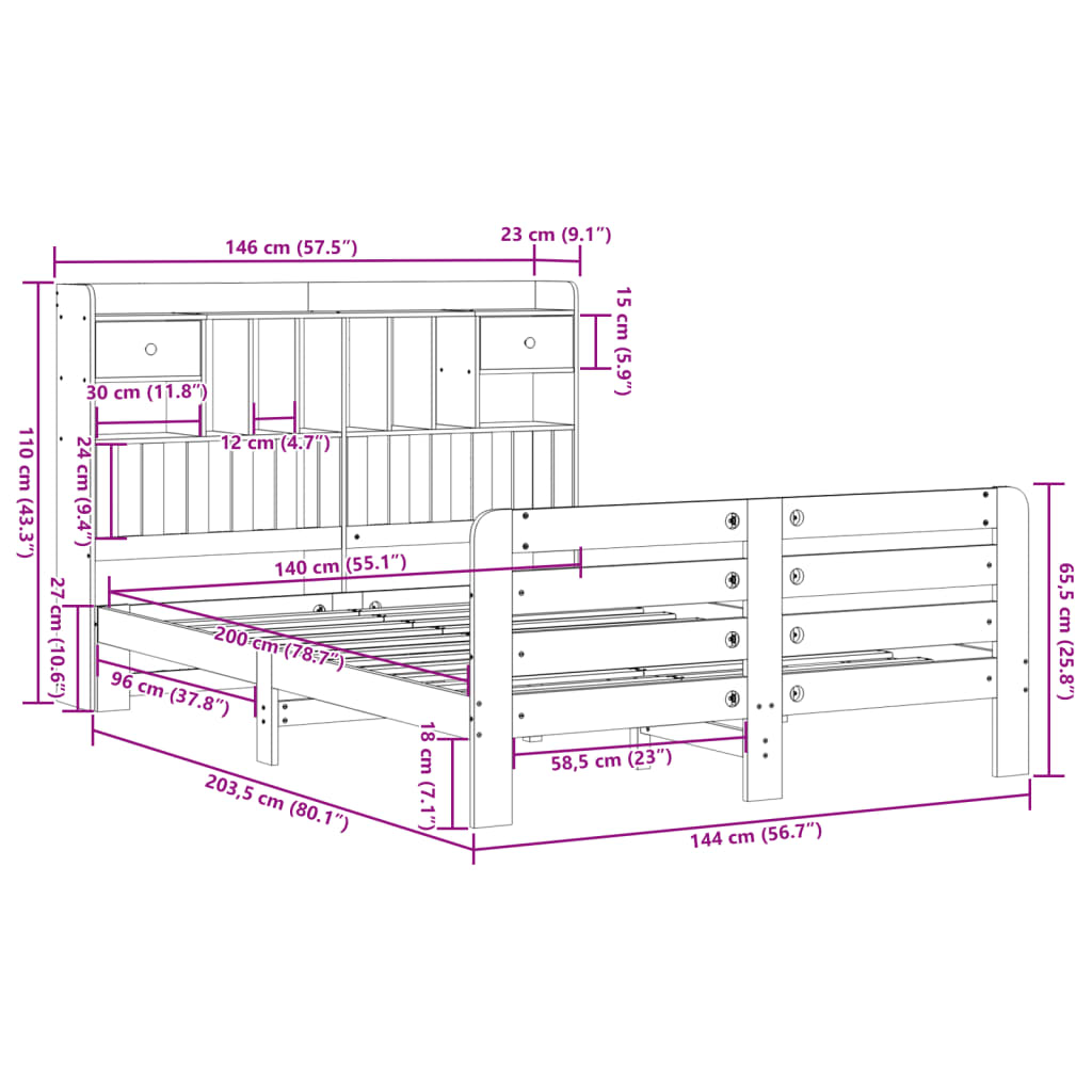 Seng med bokhylle uten madrass hvit 140x200 cm heltre furu