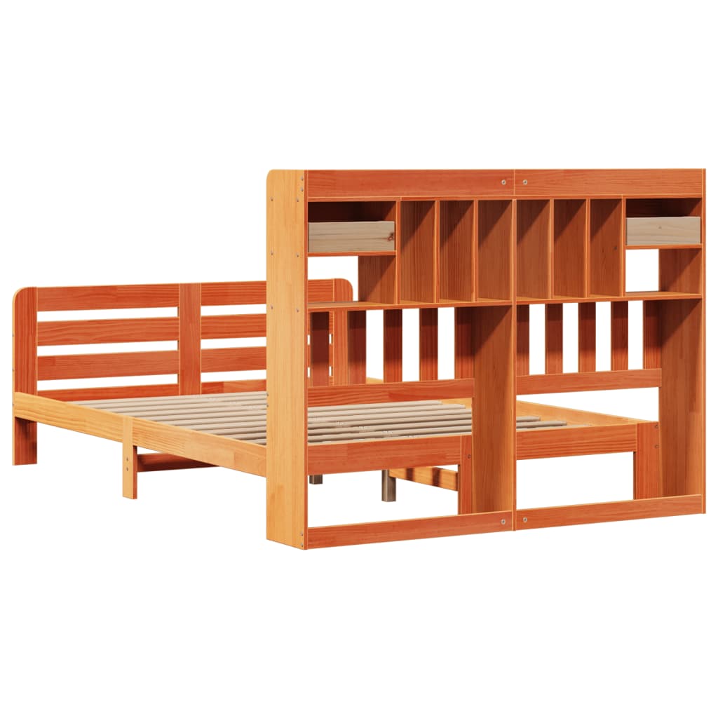Seng med bokhylle uten madrass voksbrun 140x200 cm heltre furu