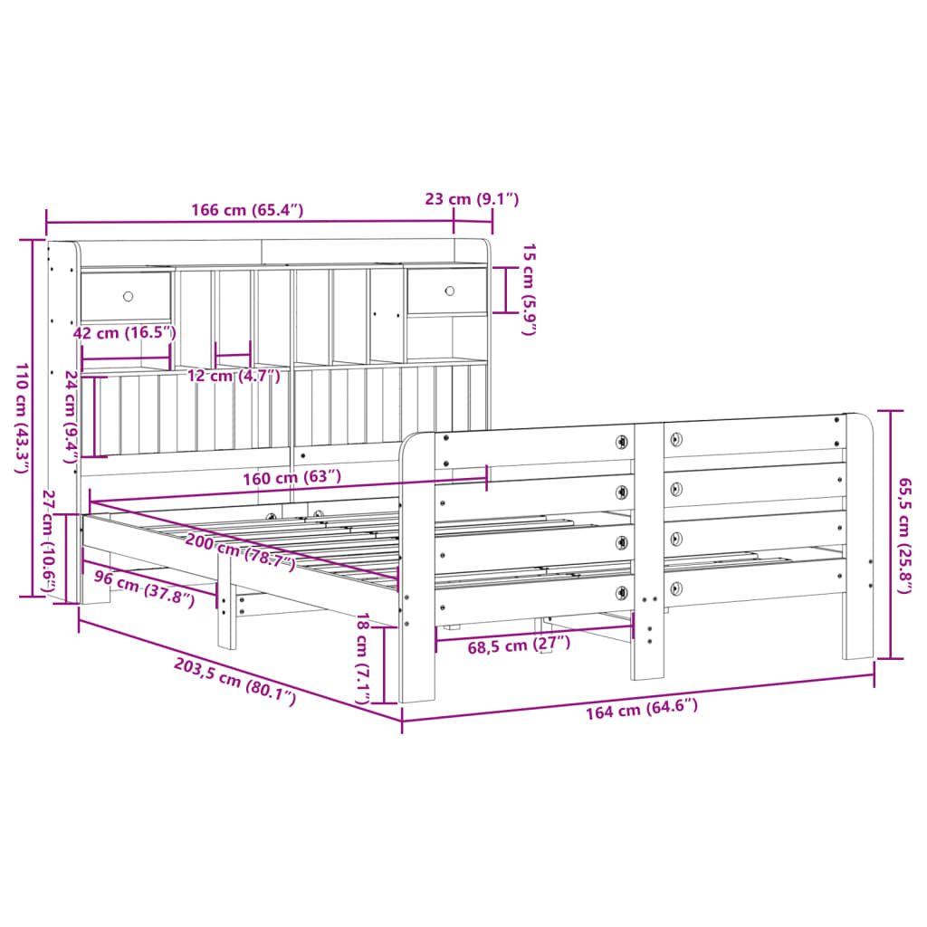 Seng med bokhylle uten madrass 160x200 cm heltre furu