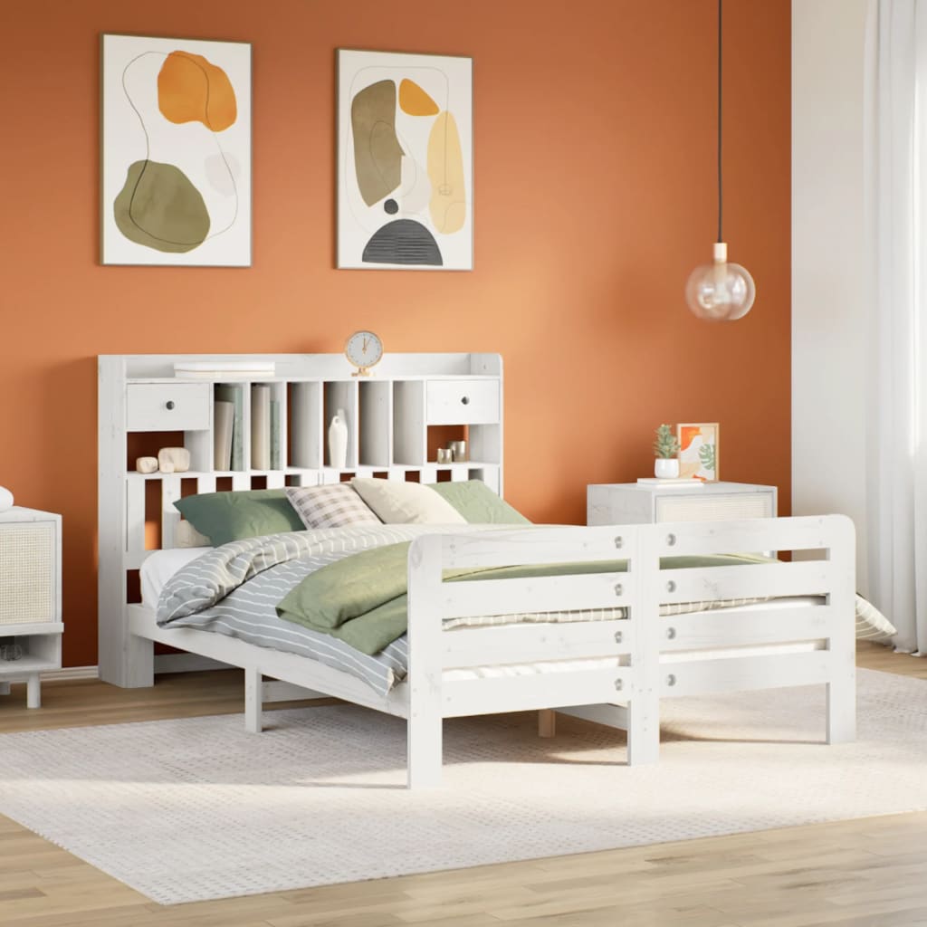 Seng med bokhylle uten madrass hvit 160x200 cm heltre furu