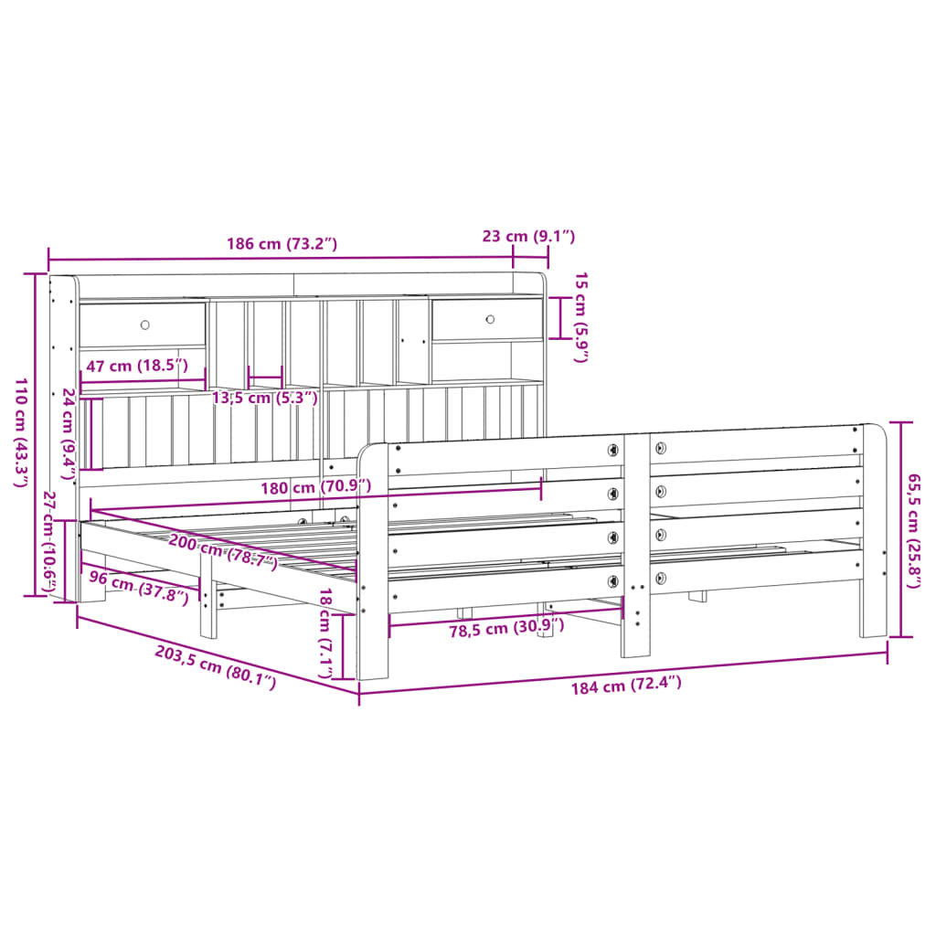 Seng med bokhylle uten madrass 180x200 cm heltre furu
