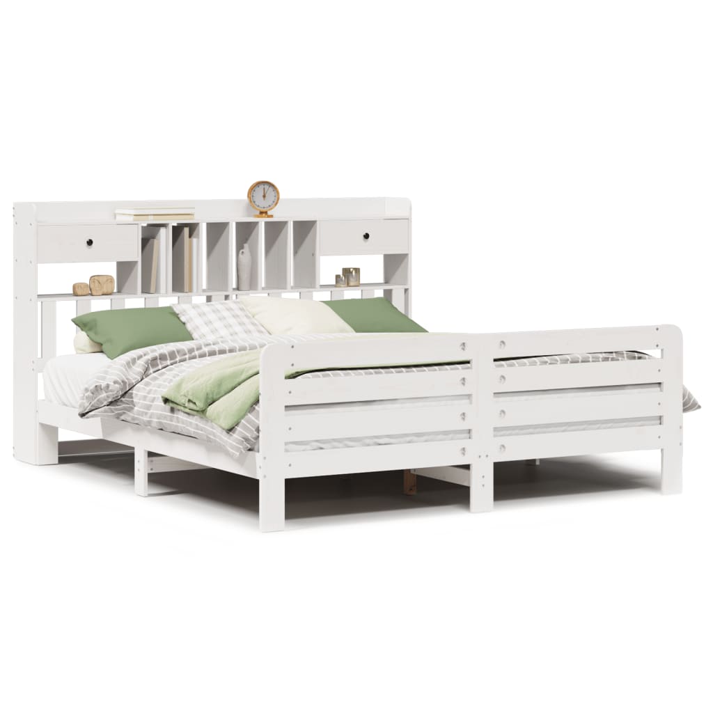 Seng med bokhylle uten madrass hvit 180x200 cm heltre furu