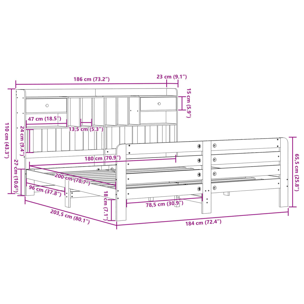 Seng med bokhylle uten madrass hvit 180x200 cm heltre furu