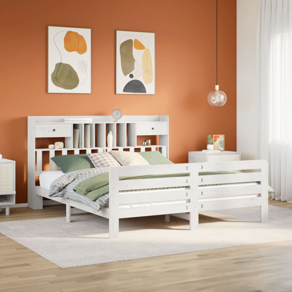 Seng med bokhylle uten madrass hvit 180x200 cm heltre furu