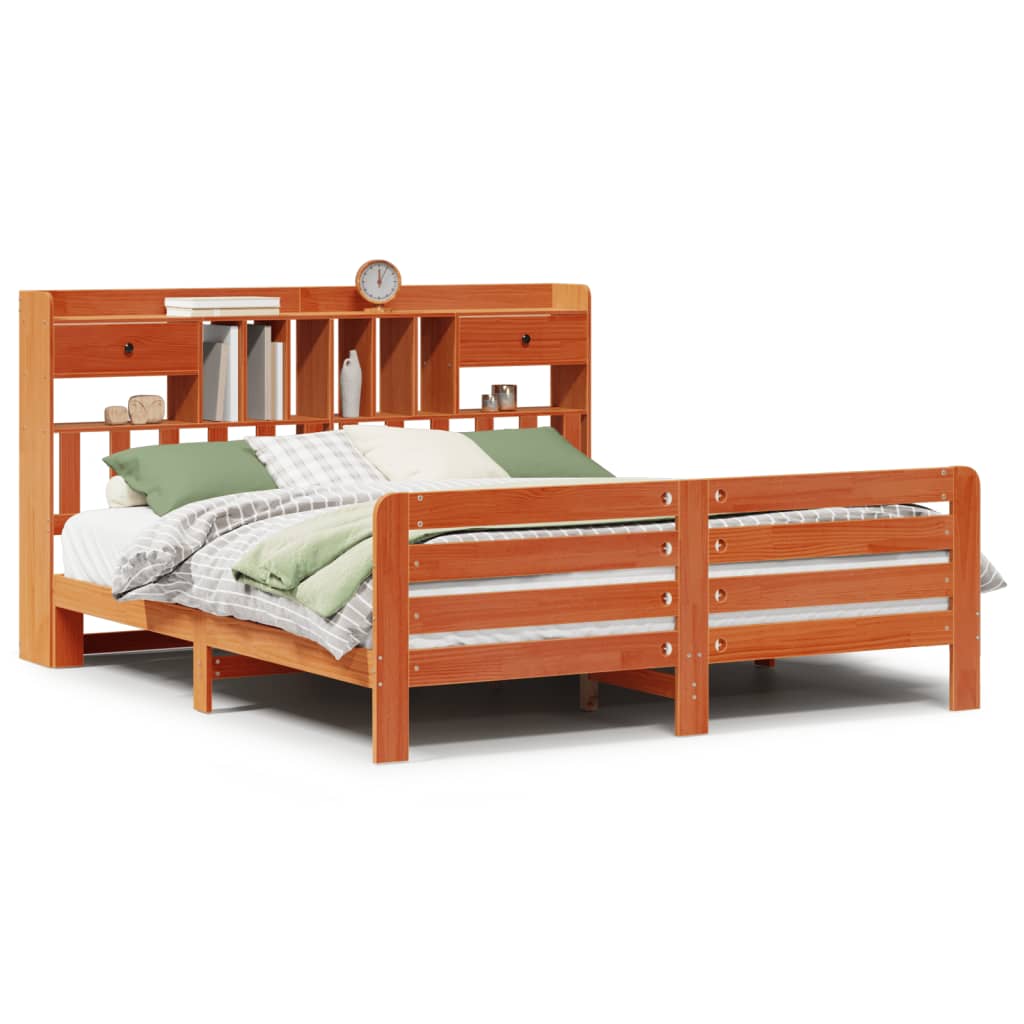 Seng med bokhylle uten madrass voksbrun 200x200 cm heltre furu