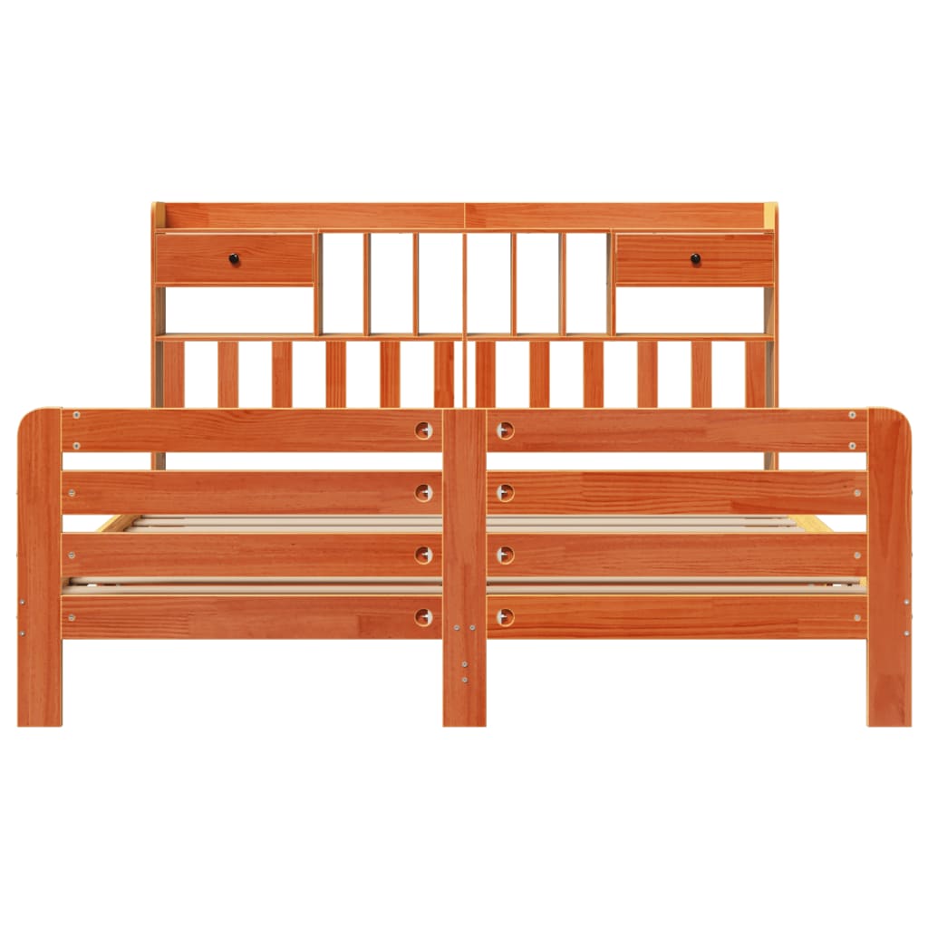 Seng med bokhylle uten madrass voksbrun 200x200 cm heltre furu