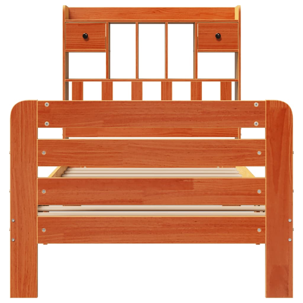 Seng med bokhylle uten madrass voksbrun 75x190 cm heltre furu