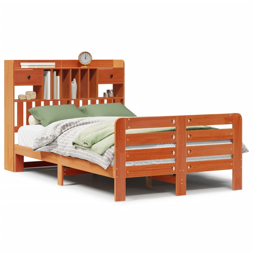 Seng med bokhylle uten madrass voksbrun 135x190 cm heltre furu