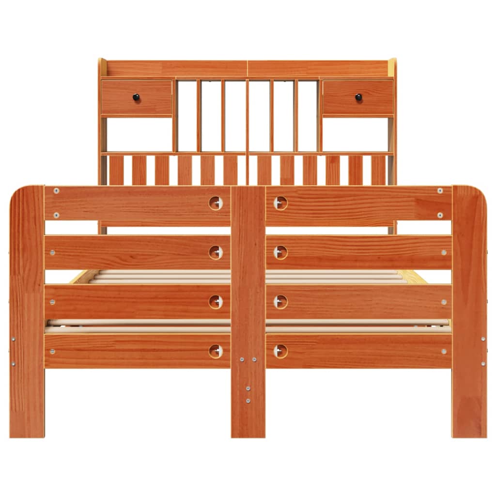 Seng med bokhylle uten madrass voksbrun 135x190 cm heltre furu