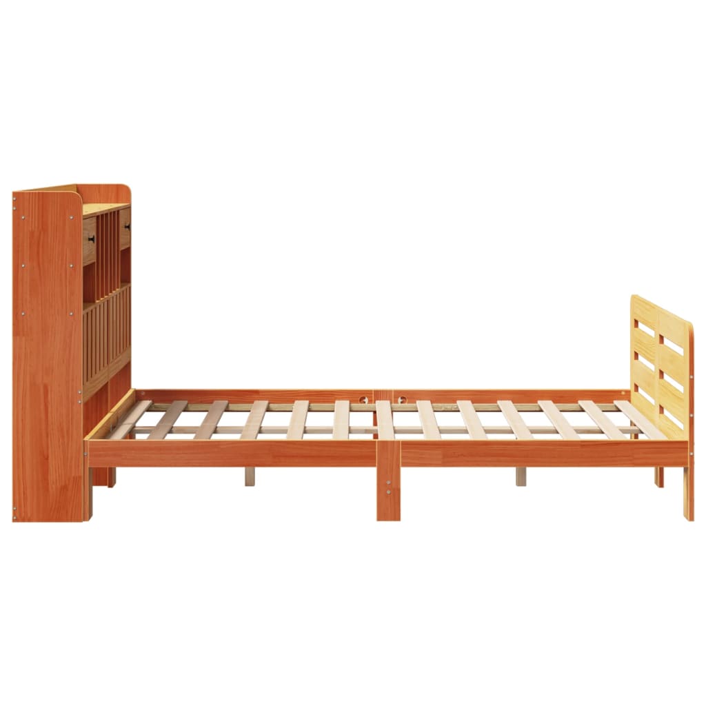 Seng med bokhylle uten madrass voksbrun 135x190 cm heltre furu