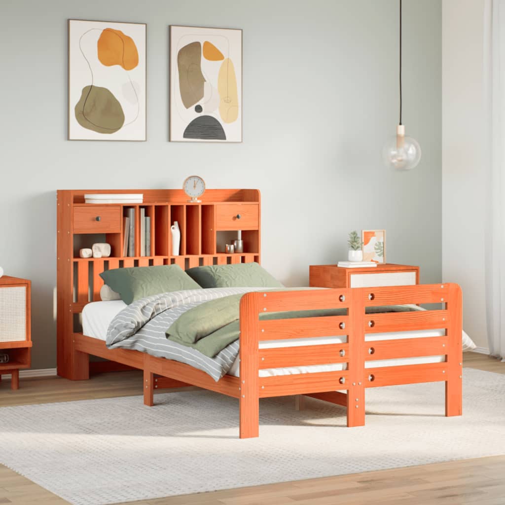 Seng med bokhylle uten madrass voksbrun 135x190 cm heltre furu