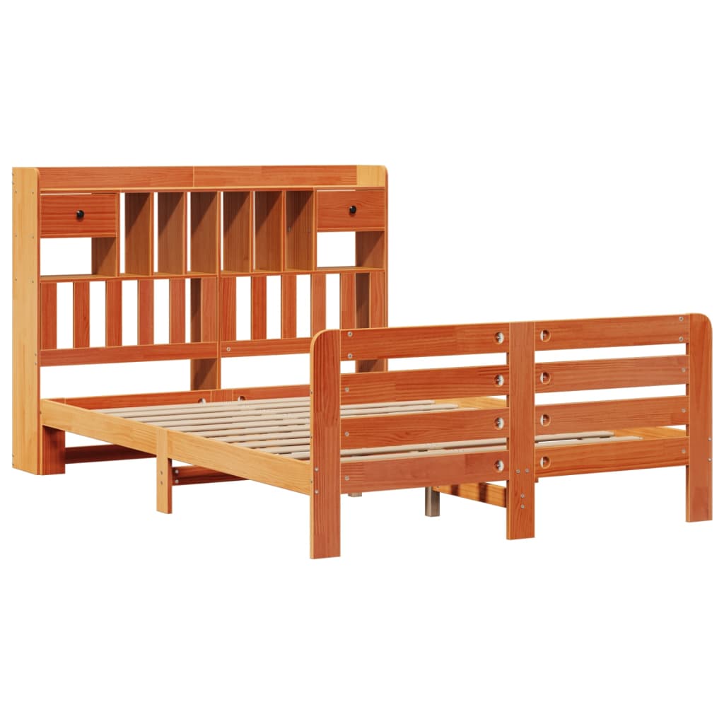 Seng med bokhylle uten madrass voksbrun 140x190 cm heltre furu