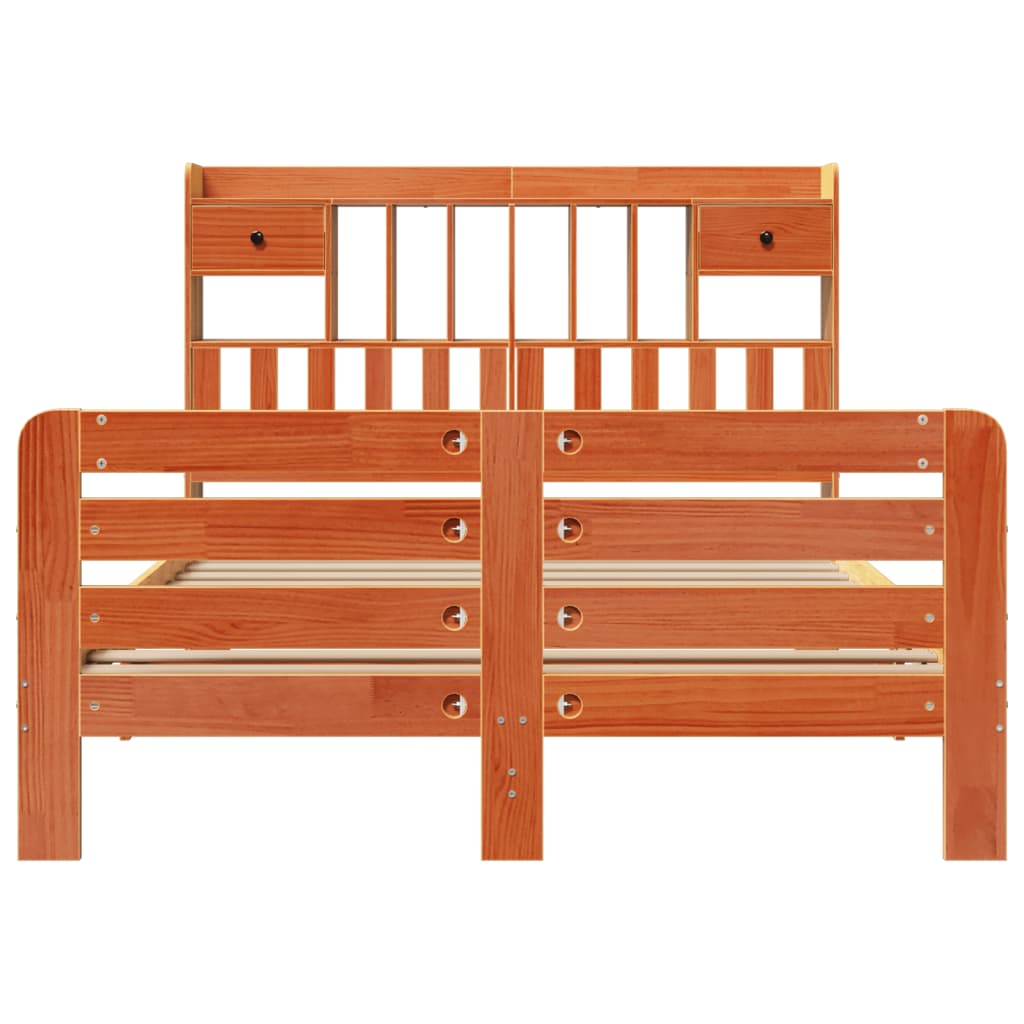 Seng med bokhylle uten madrass voksbrun 140x190 cm heltre furu