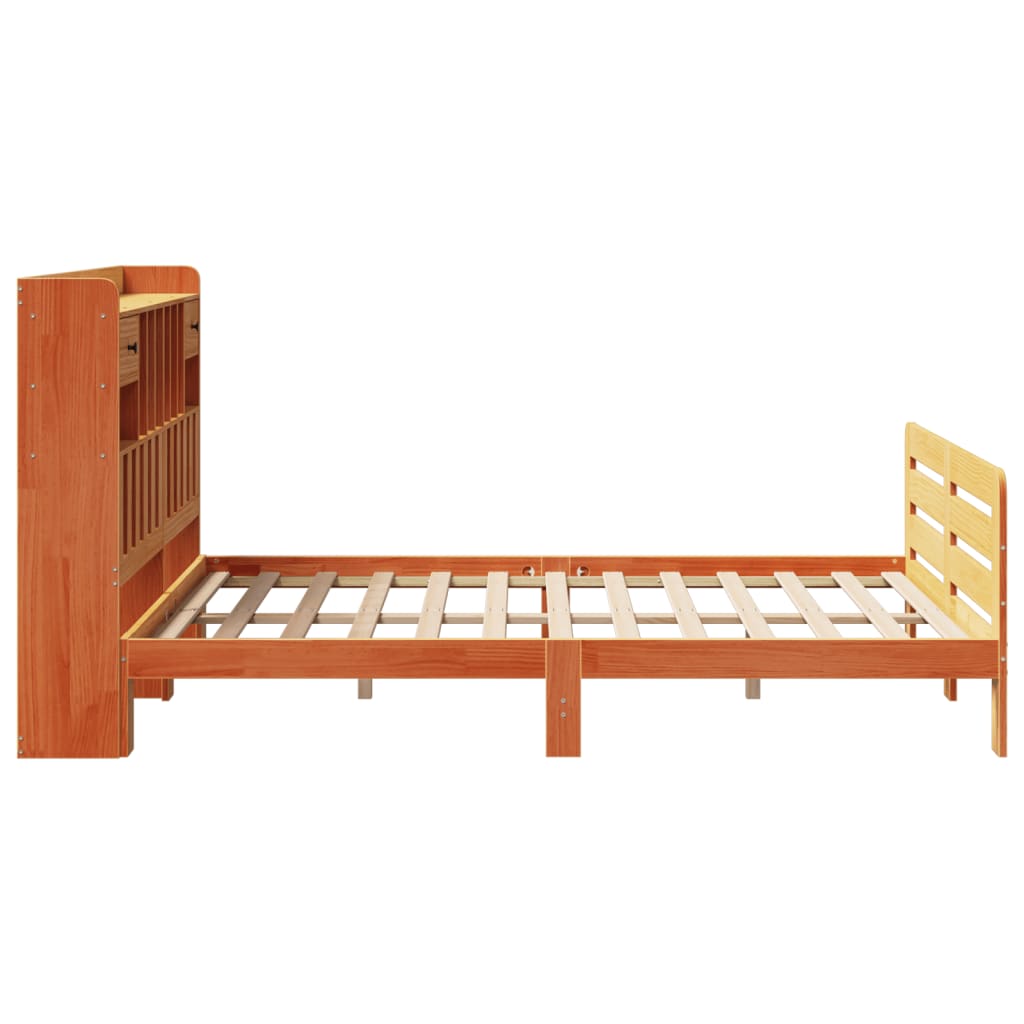 Seng med bokhylle uten madrass voksbrun 140x190 cm heltre furu