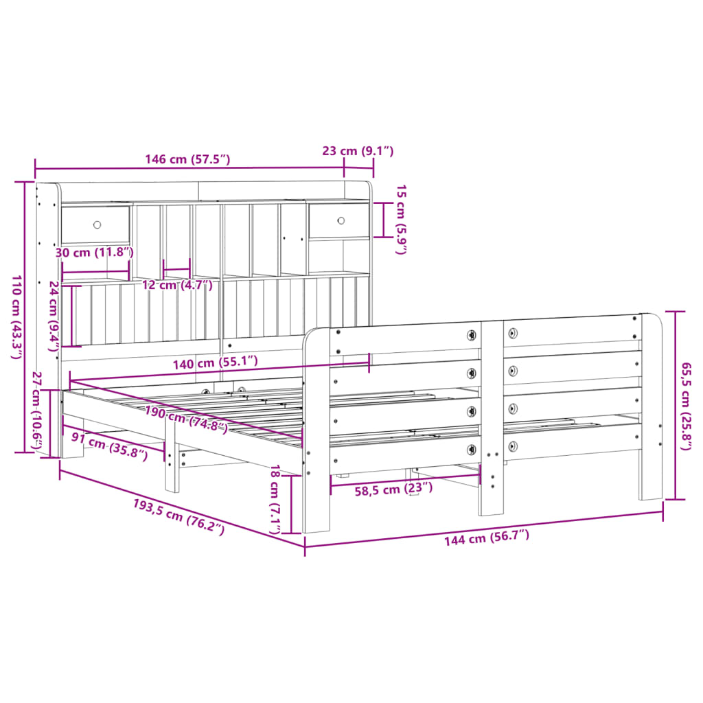 Seng med bokhylle uten madrass voksbrun 140x190 cm heltre furu