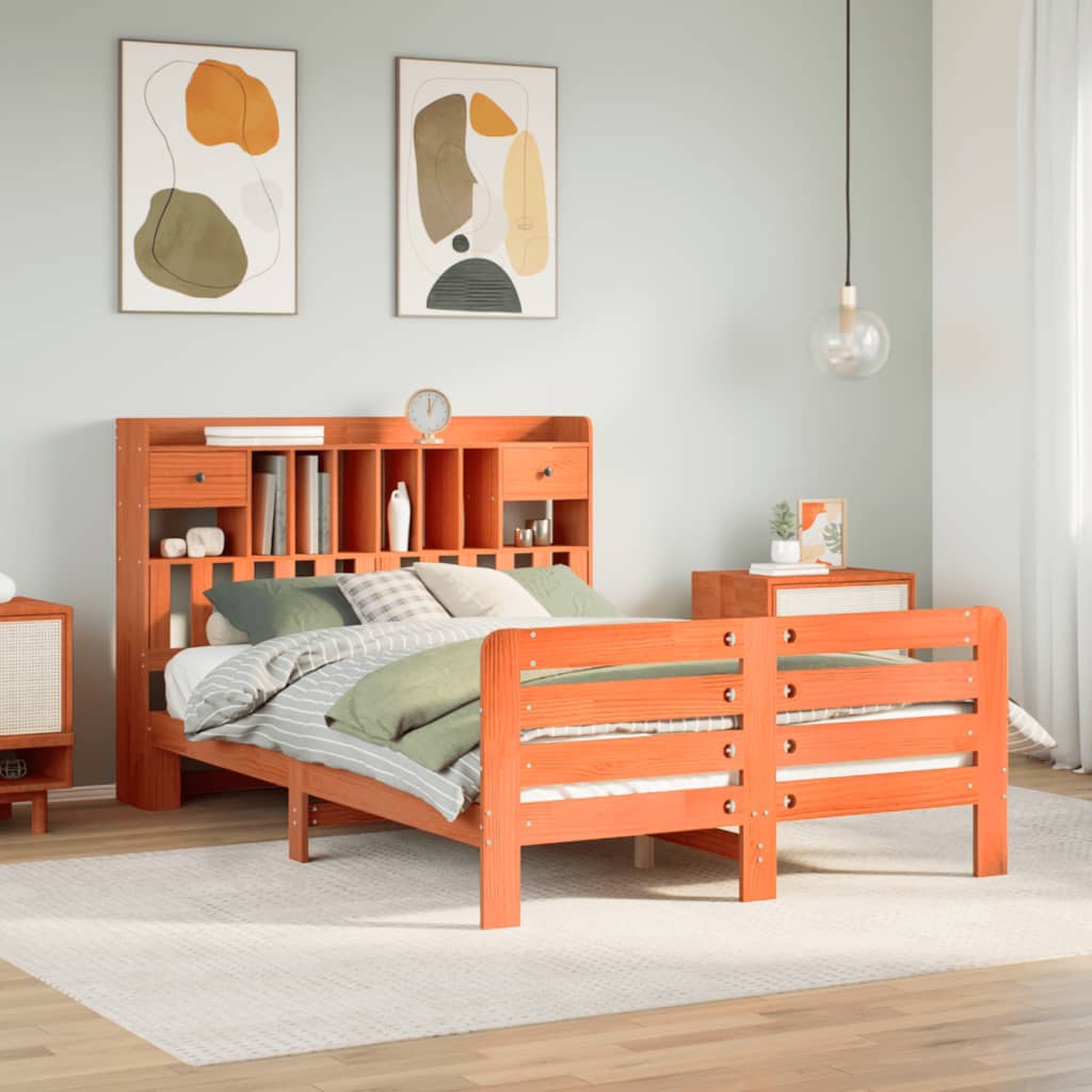 Seng med bokhylle uten madrass voksbrun 140x190 cm heltre furu