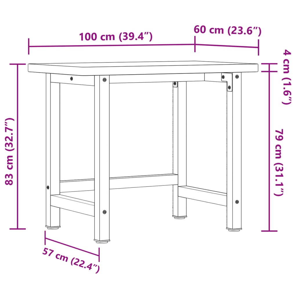 Arbeidsbenk 100x60x83 cm heltre eik rektangulær