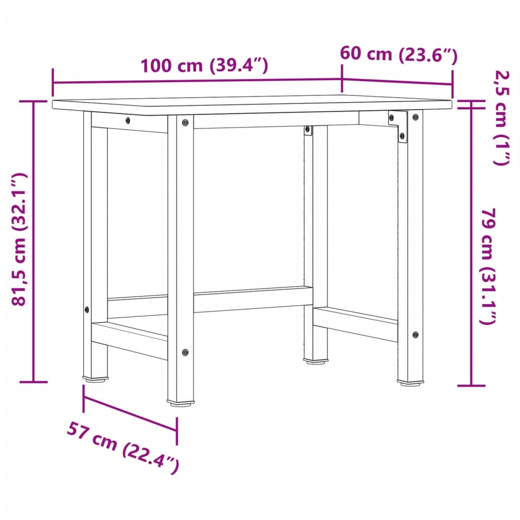 Arbeidsbenk mørkebrun 100x60x81,5 cm heltre eik rektangulær