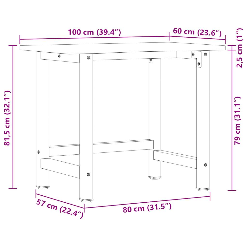 Arbeidsbenk 100x60x81,5 cm heltre eik