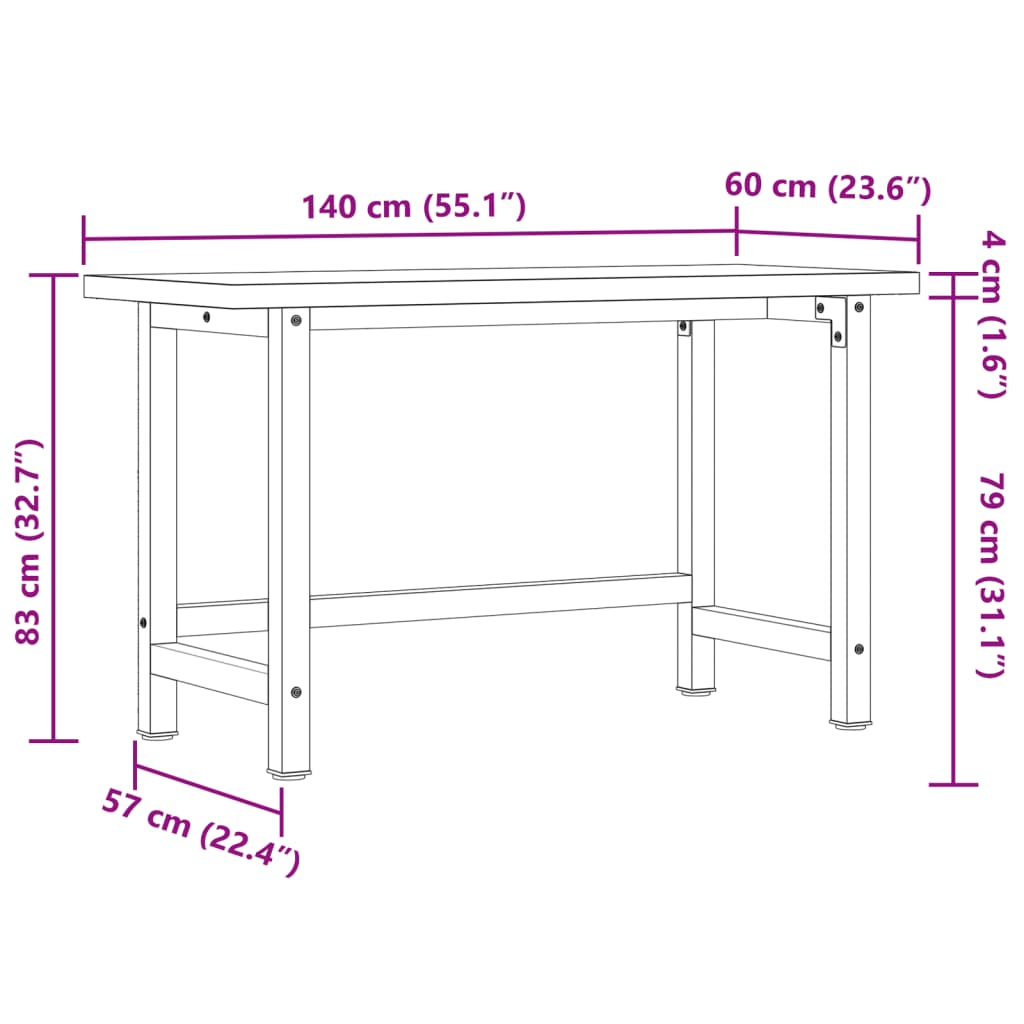 Arbeidsbenk 140x60x83 cm heltre akasie rektangulær