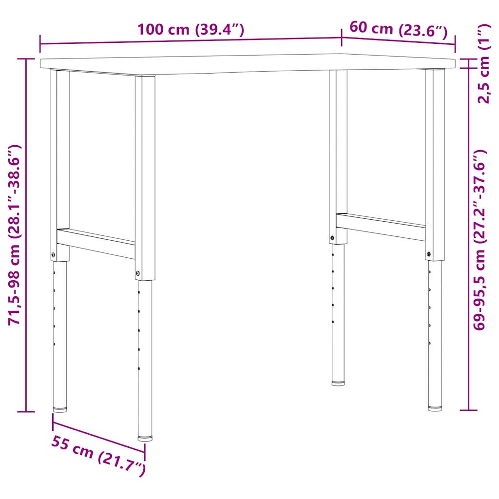 Arbeidsbenk mørkebrun 100x60x(71,5-98) cm heltre eik