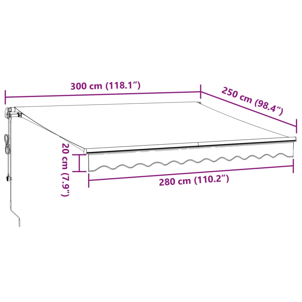 Automatisk uttrekkbar markise med LED burgunder 300x250 cm