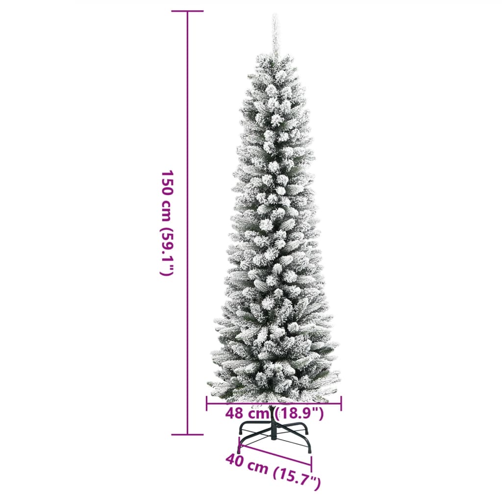 Slankt kunstig juletre med flokket snø 150 cm PVC og PE