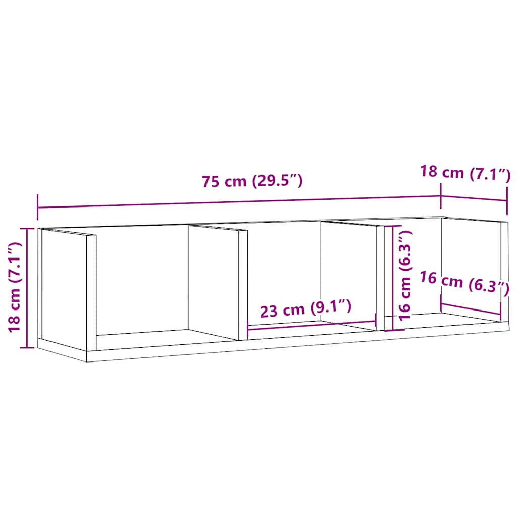 Veggmontert CD-hylle gammelt tre 75x18x18 cm konstruert tre