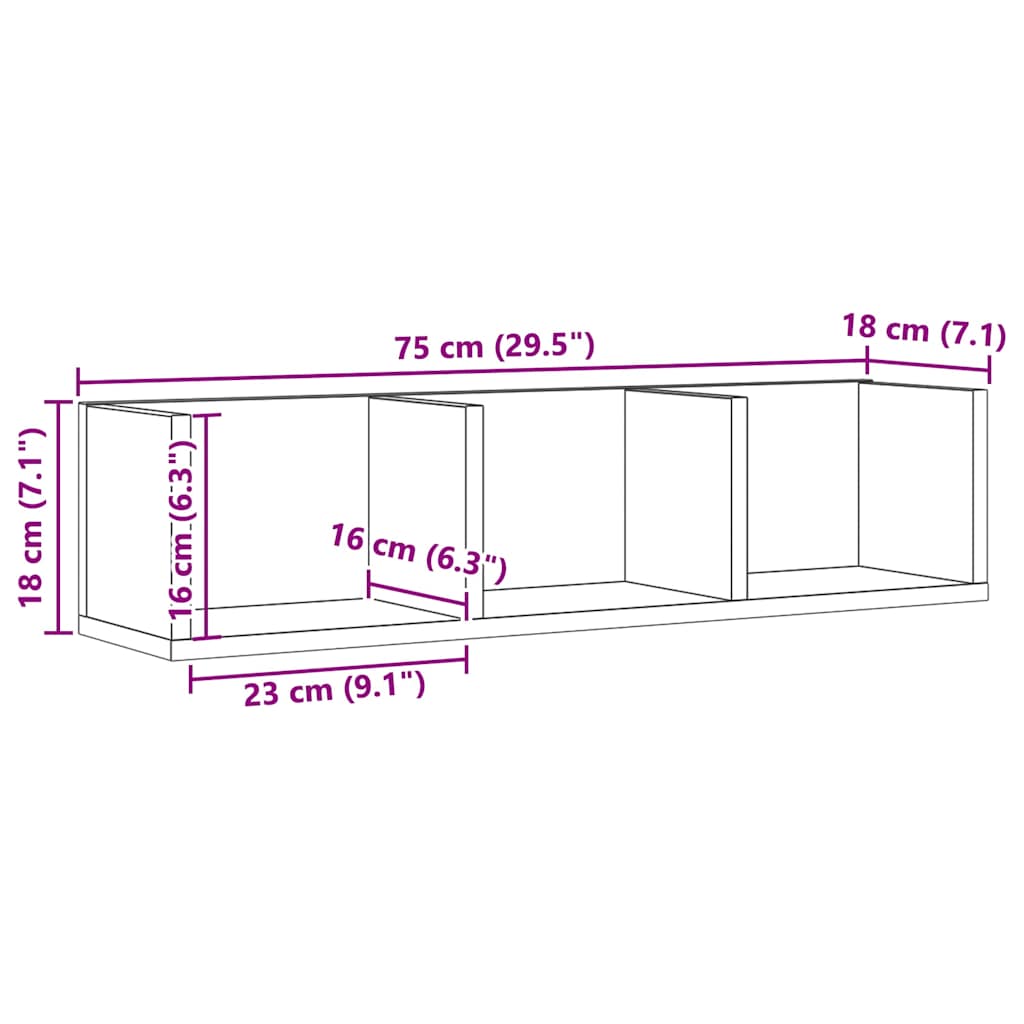 Veggmontert CD-hylle artisan eik 75x18x18 cm konstruert tre