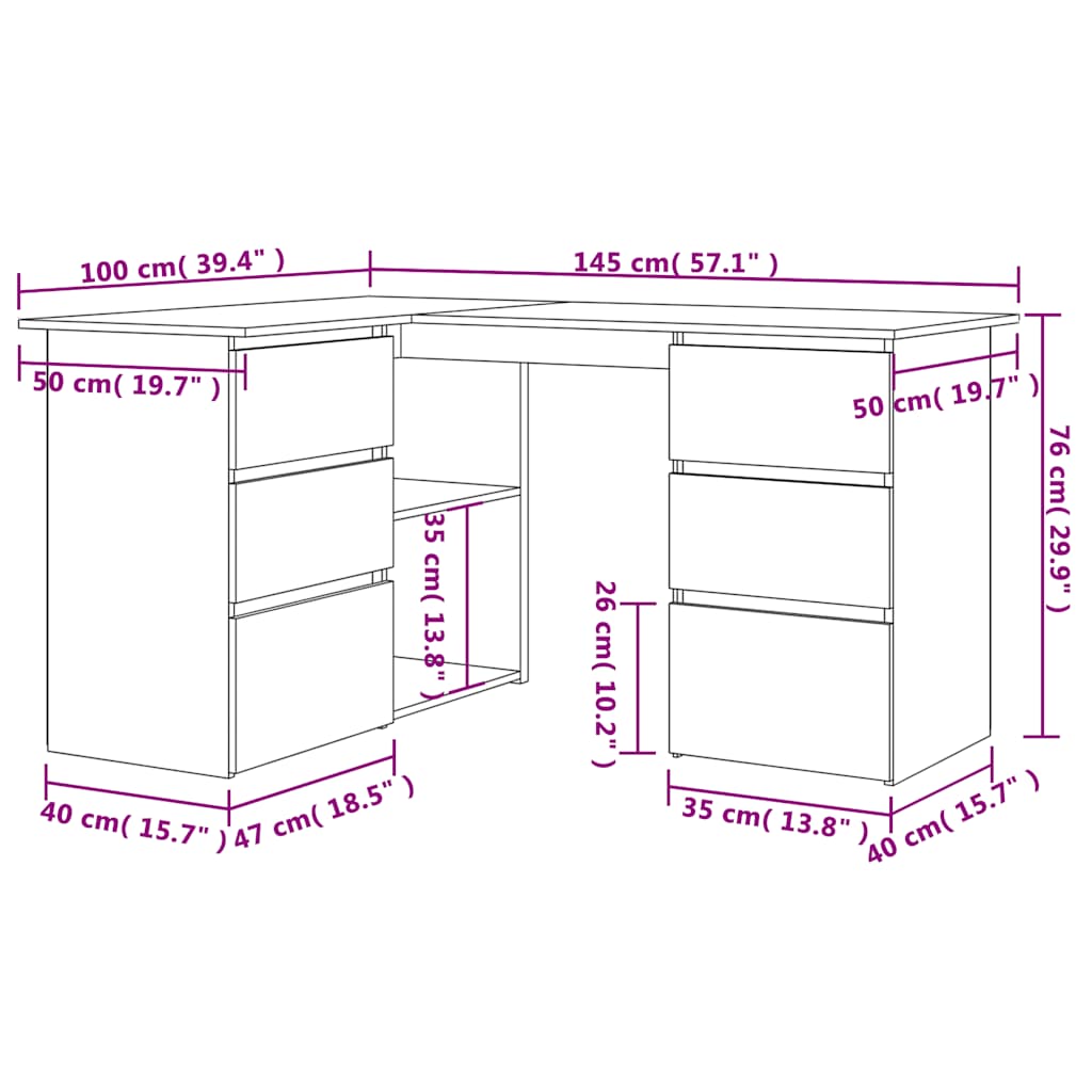 Hjørneskrivebord gammelt tre 145x100x76 cm konstruert tre