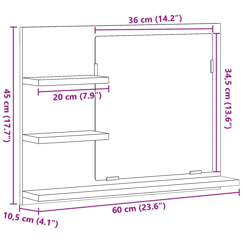 Baderomshylle med speil betonggrå 60x10,5x45 cm