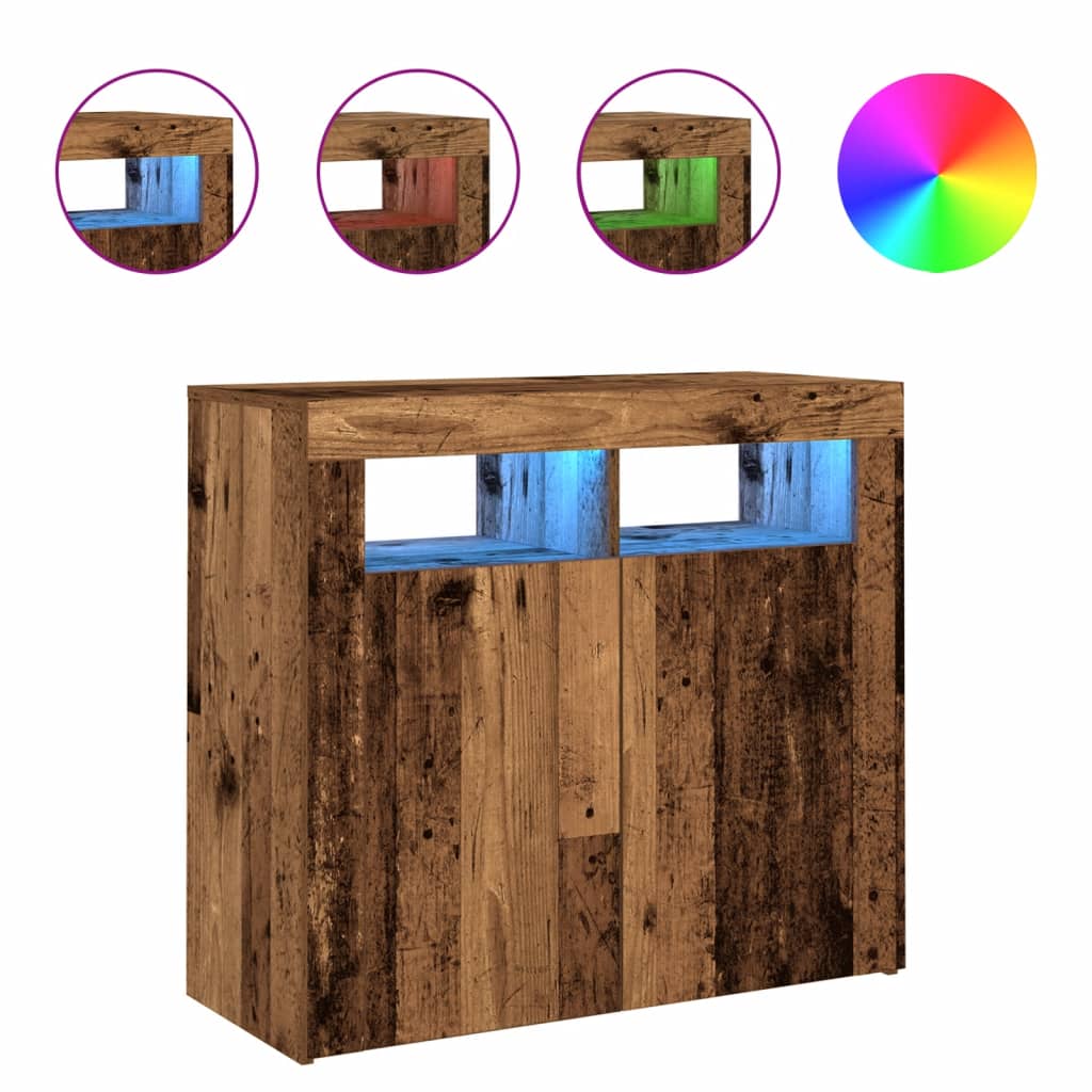 Skjenk med LED-lys gammelt tre 80x35x75 cm konstruert tre