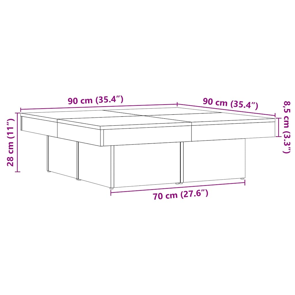 Salongbord artisan eik 90x90x28 cm konstruert tre