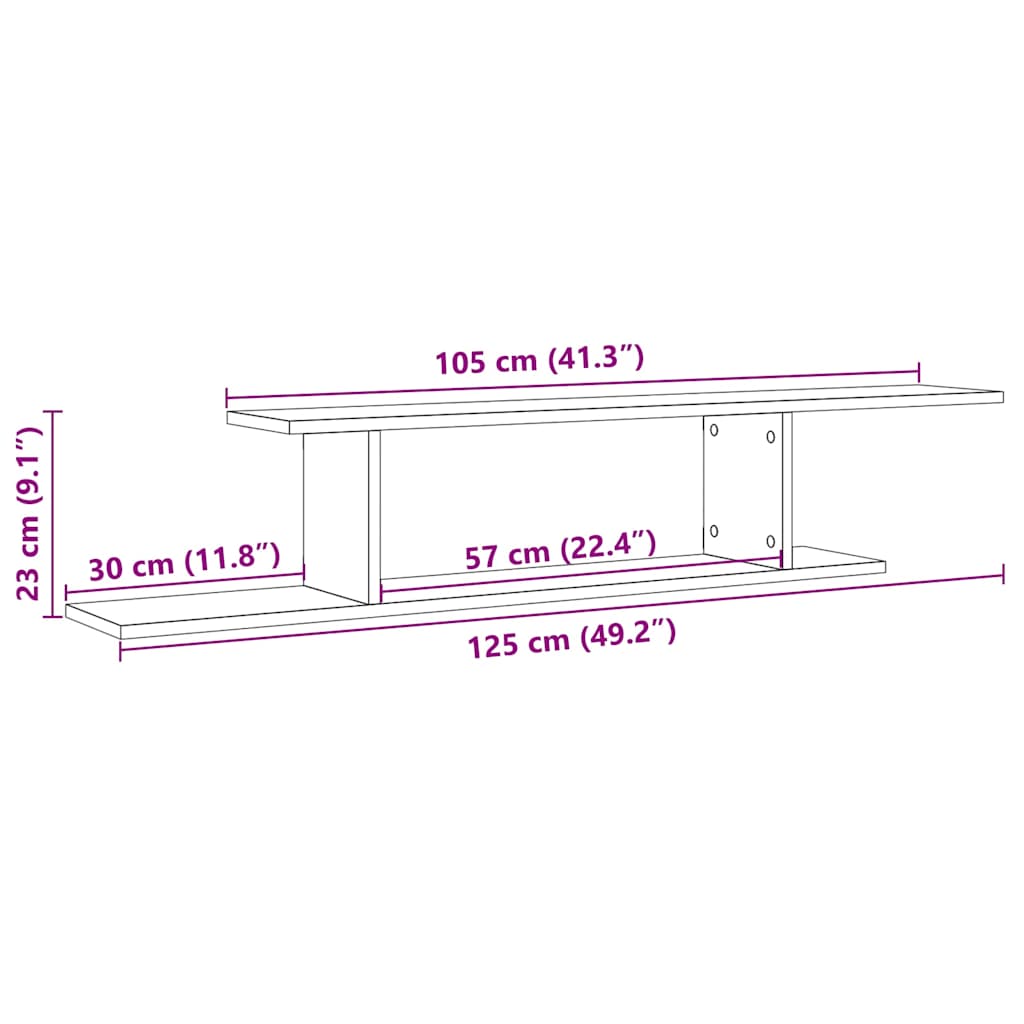 Veggmontert TV-hylle artisan eik 125x18x23 cm konstruert tre