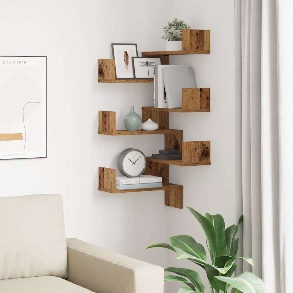 Vegg hjørnehyller 2 stk gammelt tre 40x40x49,5cm konstruert tre