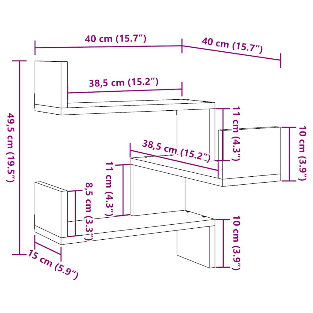 Vegg hjørnehyller 2 stk gammelt tre 40x40x49,5cm konstruert tre