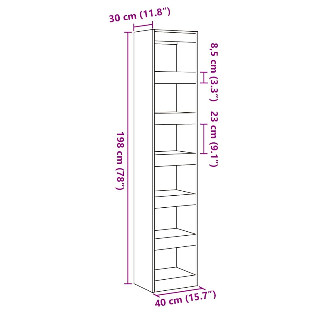 Bokhylle/romdeler gammelt tre 40x30x198 cm