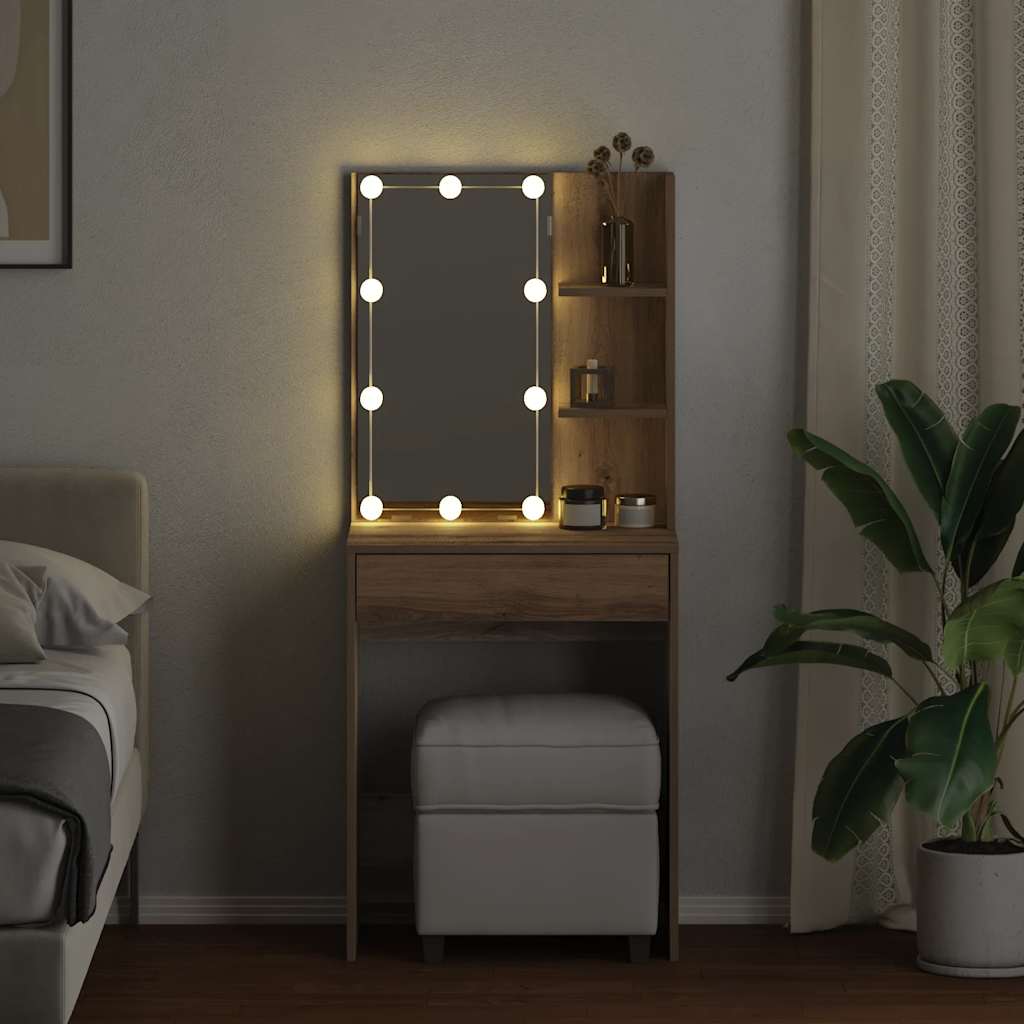 Sminkebord med LED artisan eik 60x40x140 cm