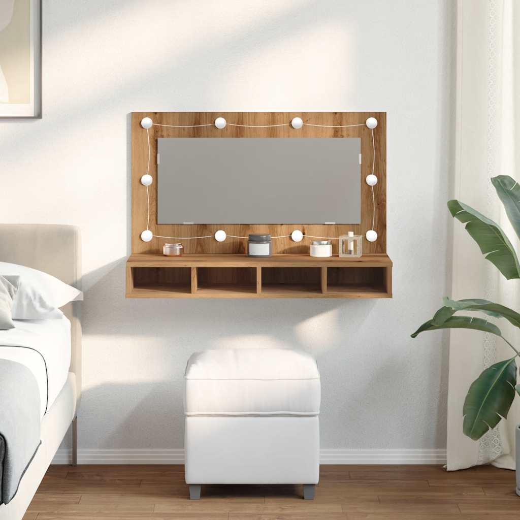 Speilskap med LED håndverkseik 90x31,5x62 cm