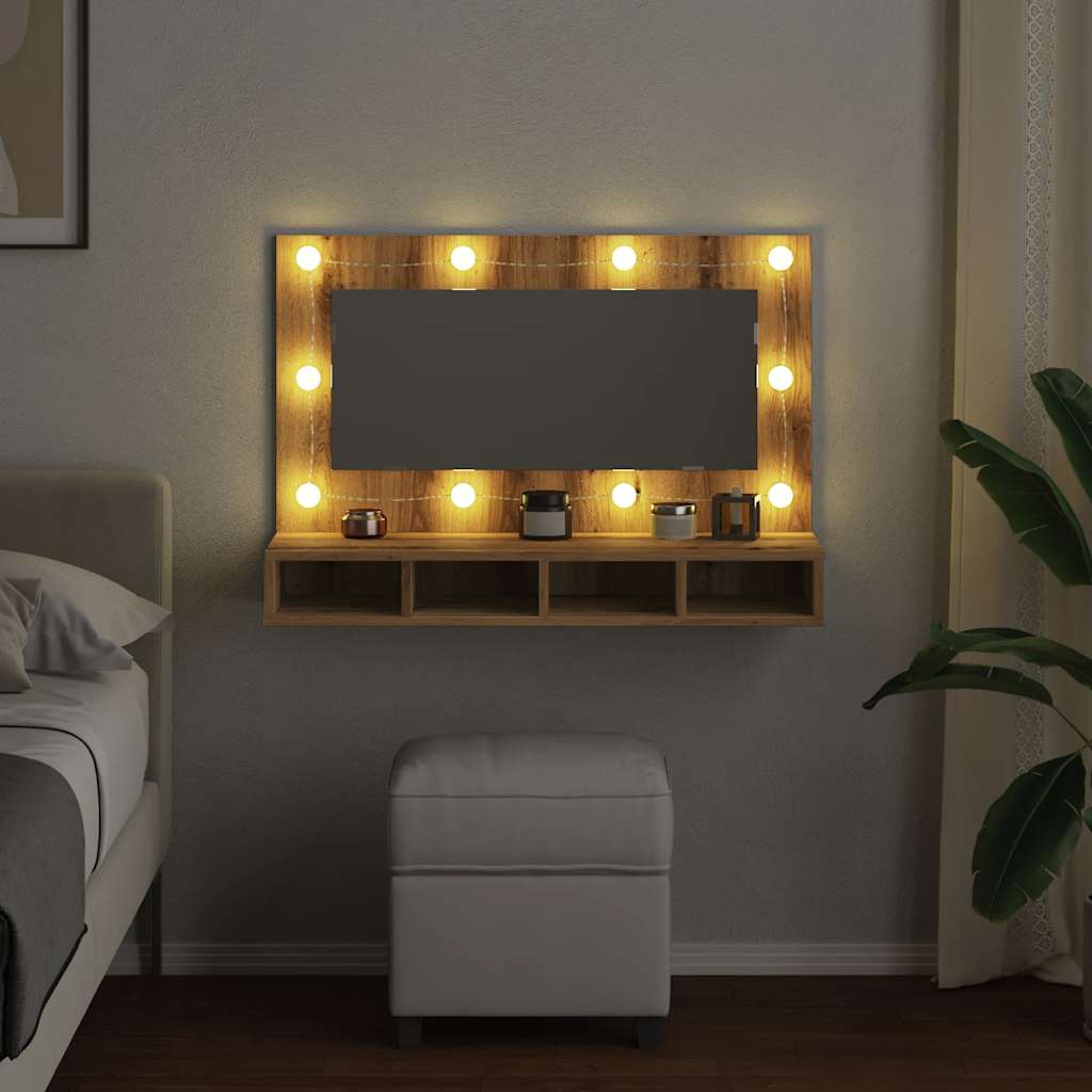 Speilskap med LED håndverkseik 90x31,5x62 cm