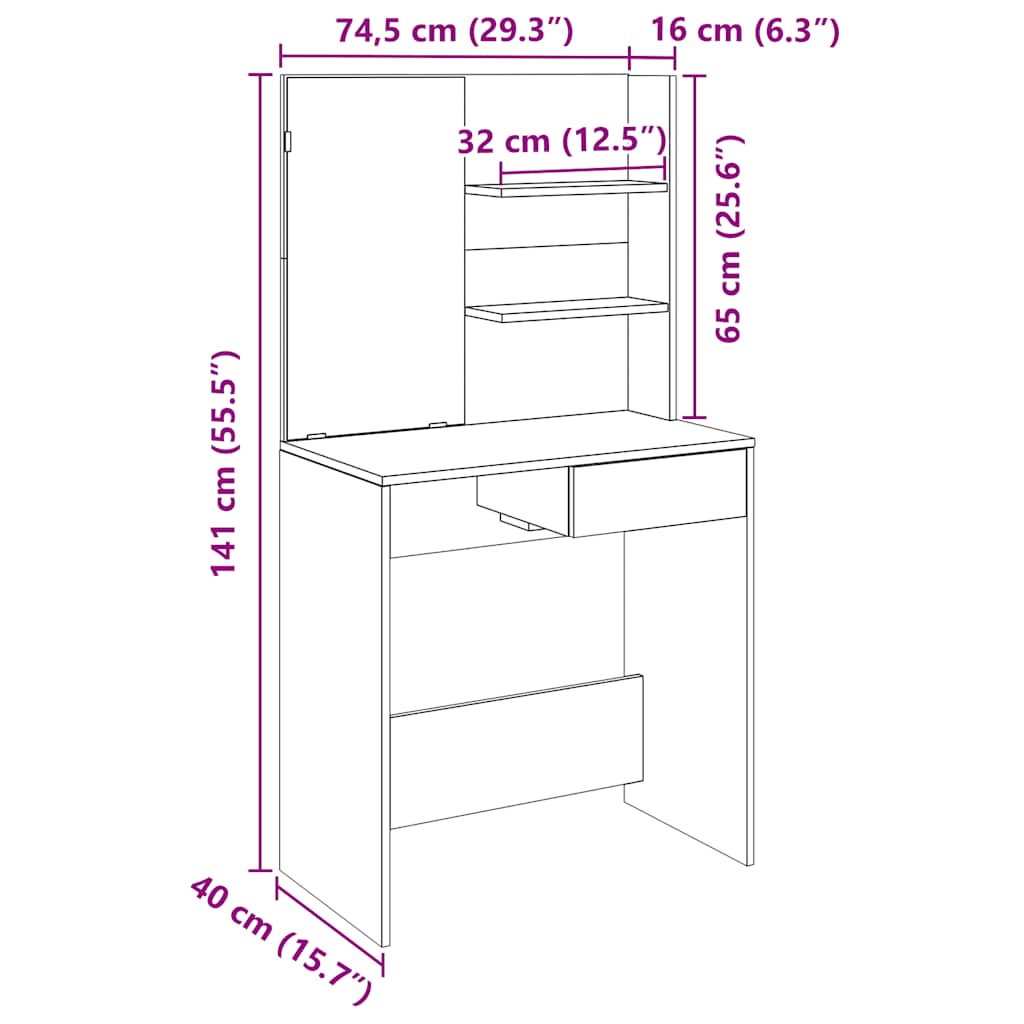 Sminkebord med speil gammelt tre 74,5x40x141 cm