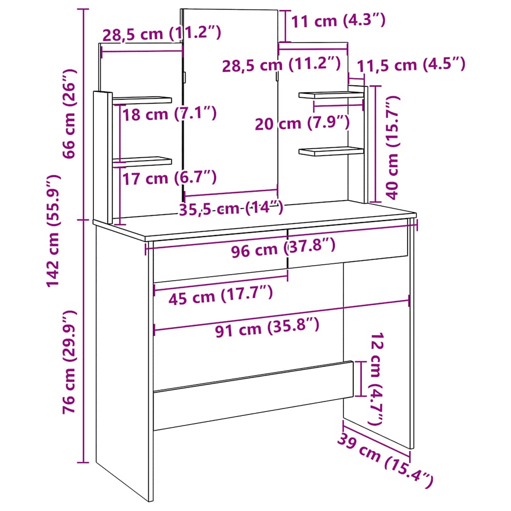 Sminkebord med speil gammelt tre 96x39x142 cm