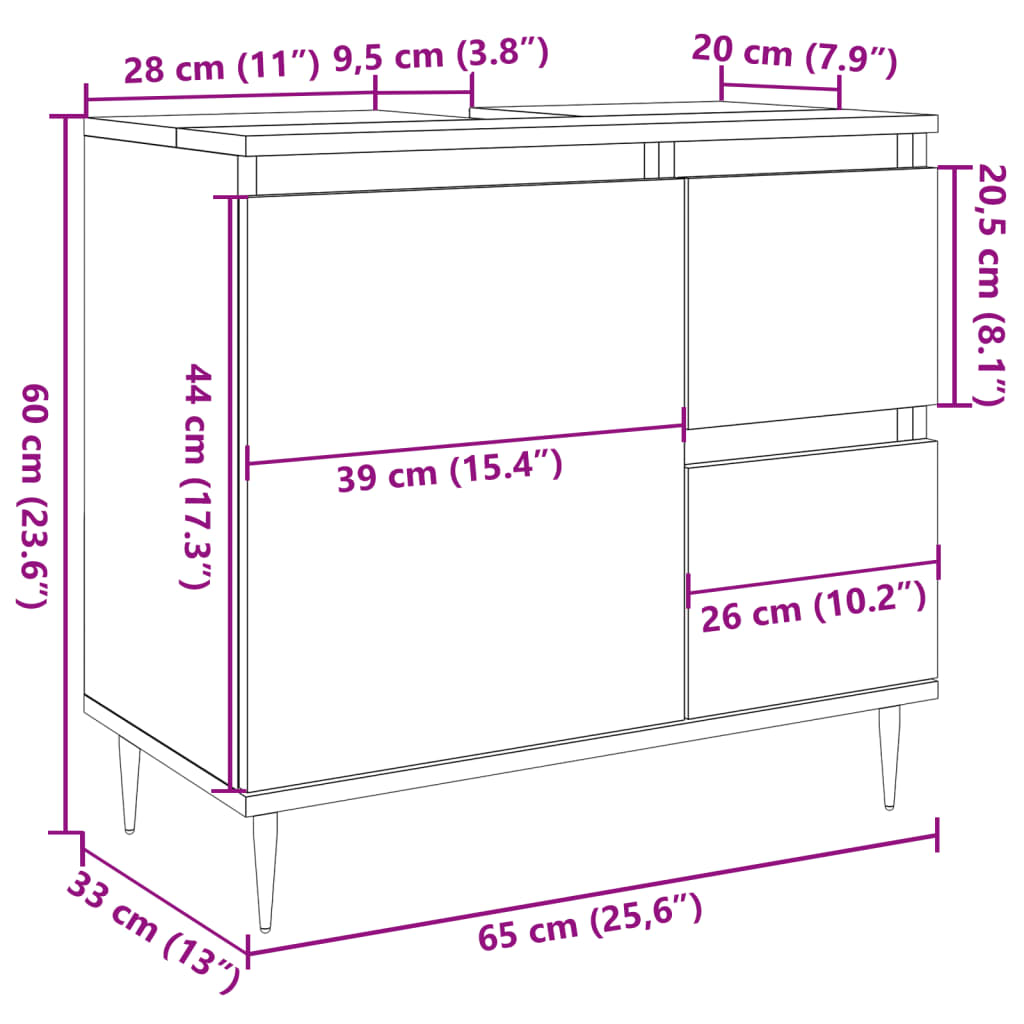 Baderomsskap artisan eik 65x33x60 cm konstruert tre